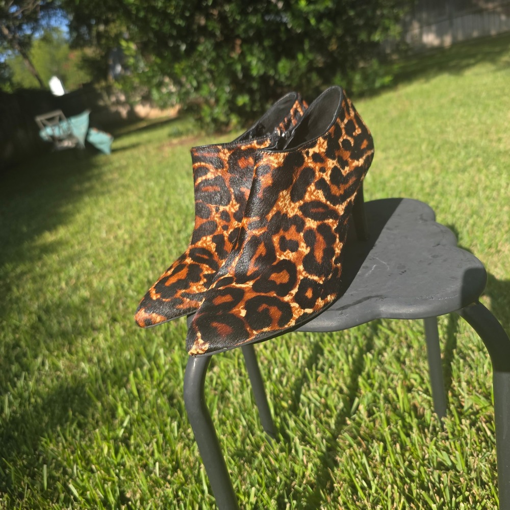 Antonio Melani Leopard Calf Hair Ankle Booties Pointed Toe Stiletto Heels